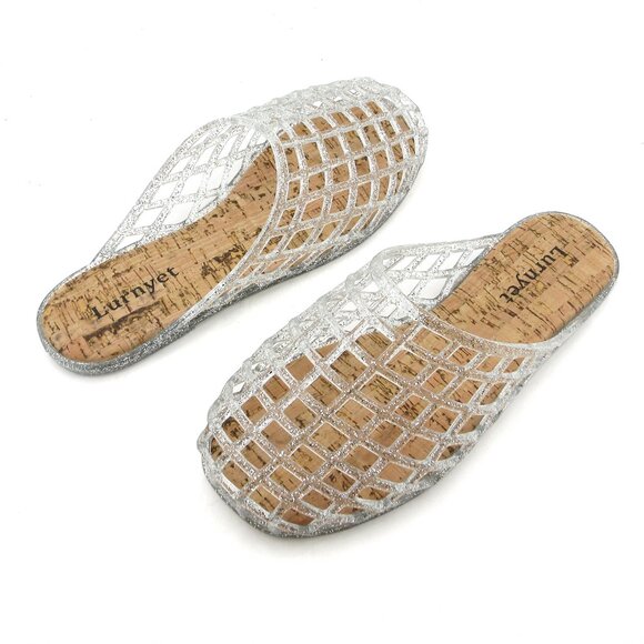 Lurnyet Womens Silver Jelly Comfort Cushion Slide Flat Sandal with Cork Footbed - Picture 5 of 7
